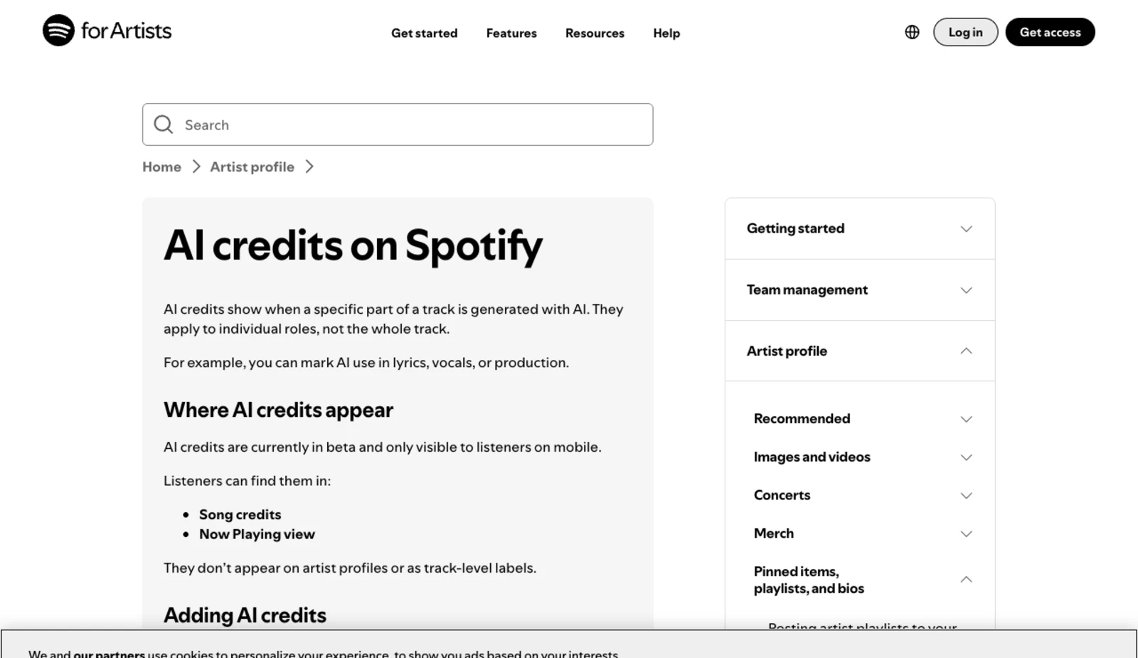 Spotify for Artists help page headed AI credits on Spotify, stating that AI credits apply to individual roles rather than the whole track, that they are currently in beta and only visible to listeners on mobile, and that listeners find them in song credits and the Now Playing view