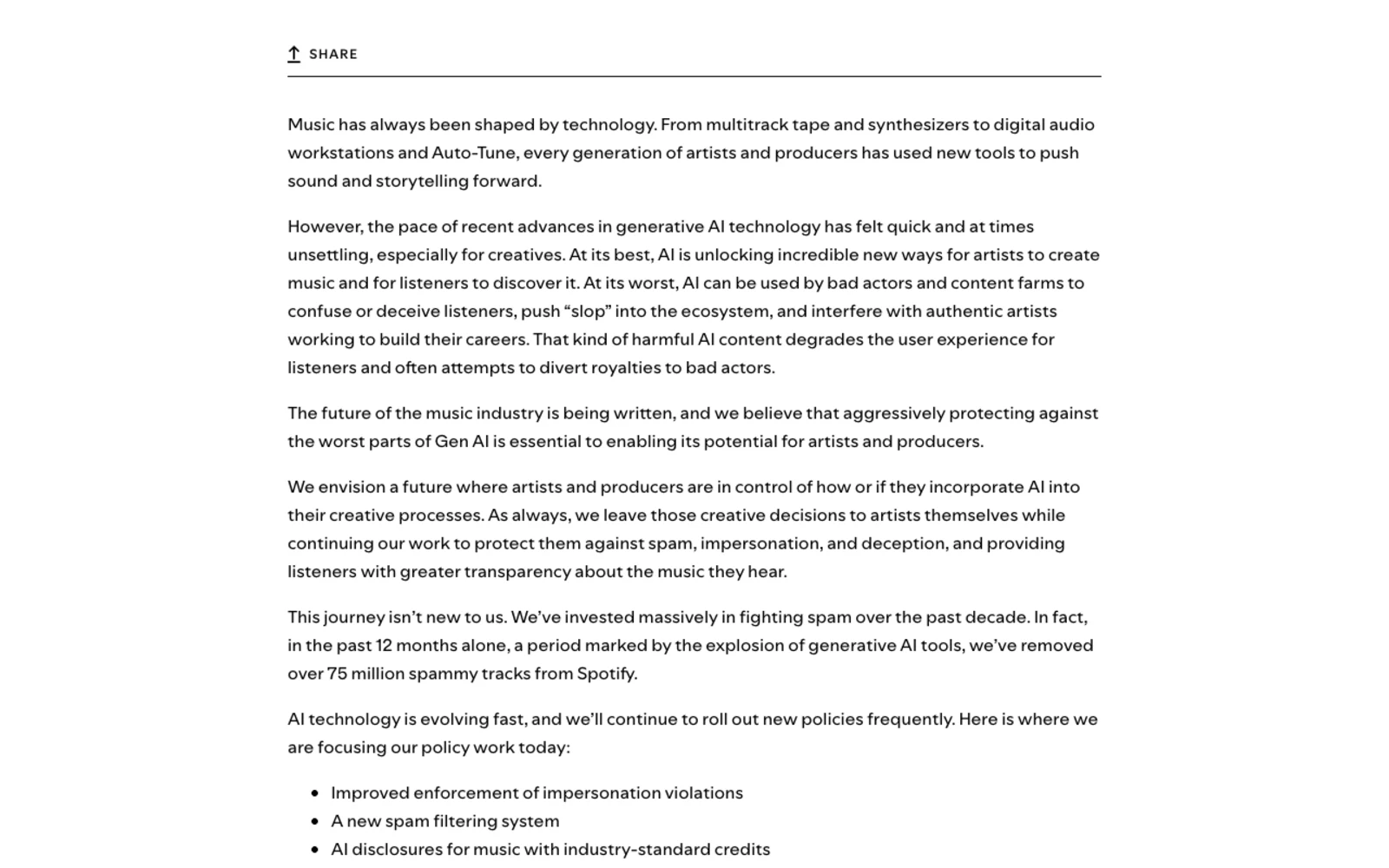 Spotify For the Record newsroom post of 25 September 2025, showing the policy list that includes AI disclosures for music with industry-standard credits alongside improved impersonation enforcement and a new spam filtering system