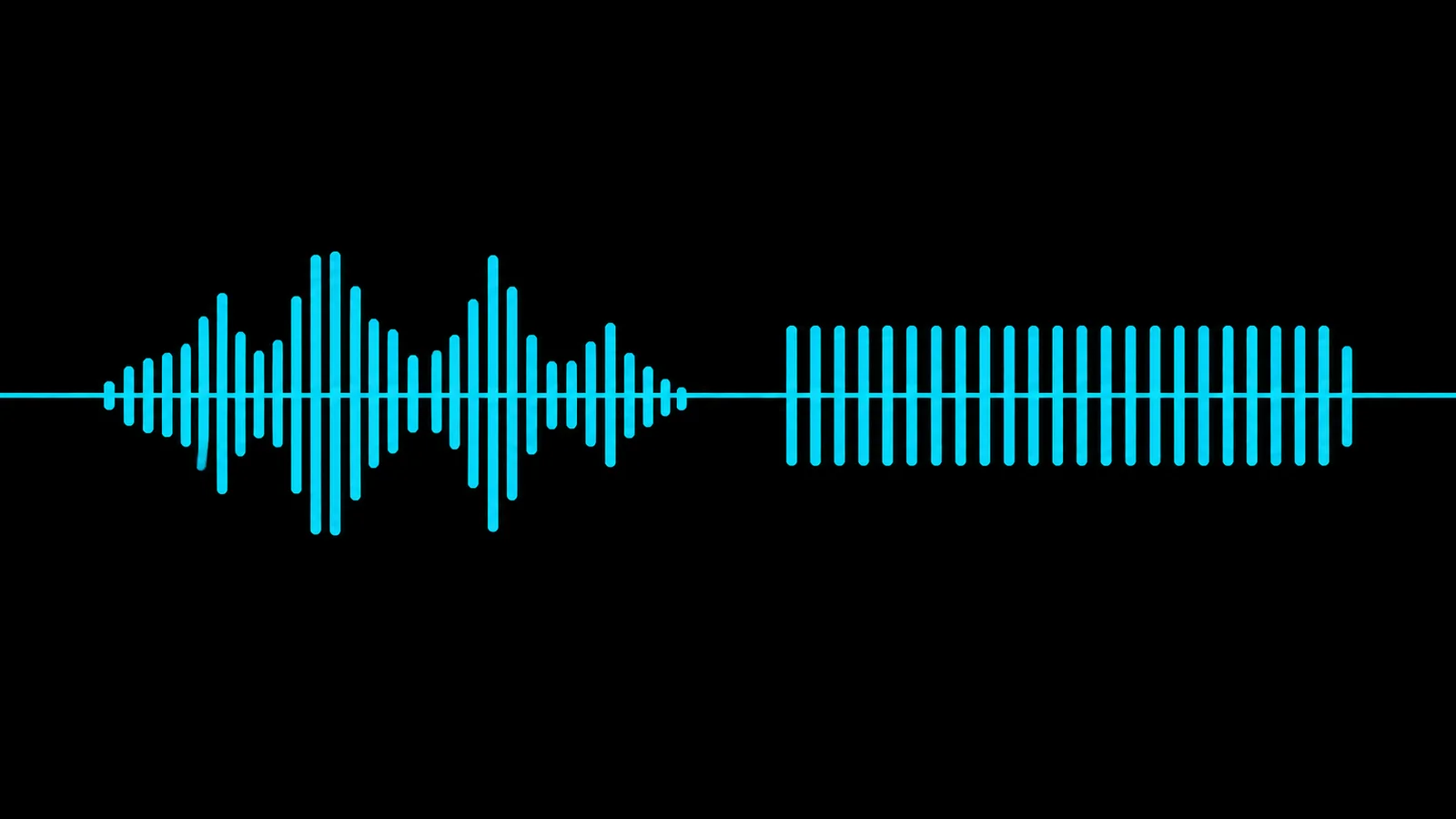 Two cyan audio waveforms on black: the left one irregular with peaks of varying height, the right one perfectly uniform with every peak the same height, both crossed by a single thin horizontal scanning line at the same level