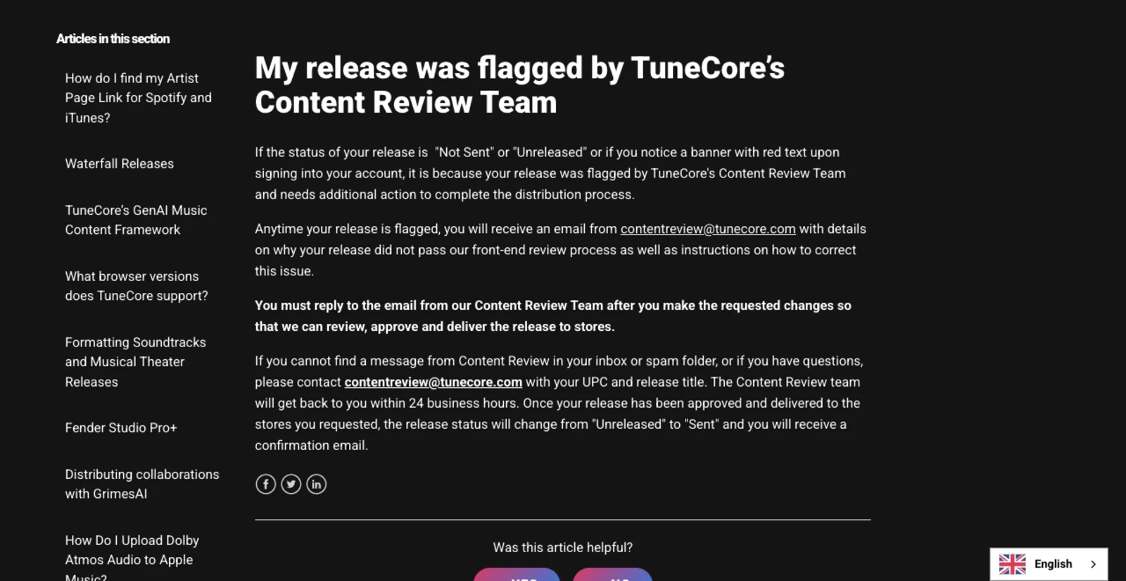 Screenshot of the TuneCore help article headed My release was flagged by TuneCore's Content Review Team, stating that you must reply to the email from the Content Review Team after you make the requested changes, and that contacting contentreview at tunecore dot com with your UPC and release title gets a reply within 24 business hours