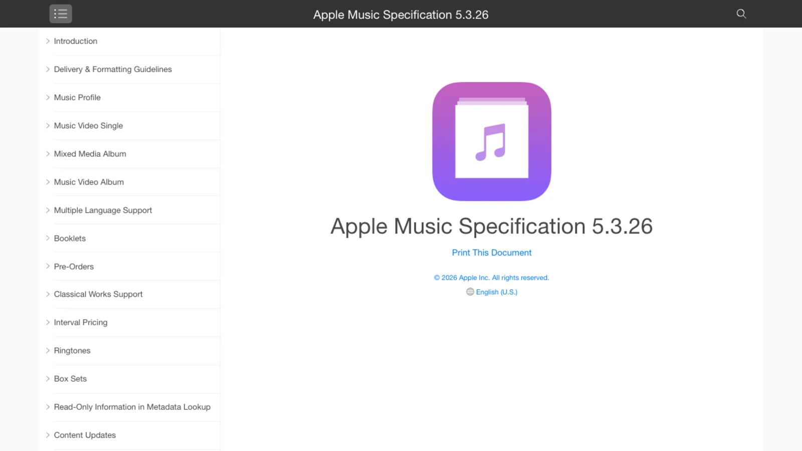The Apple Music Specification document, the delivery specification that carries the Transparency Tags
