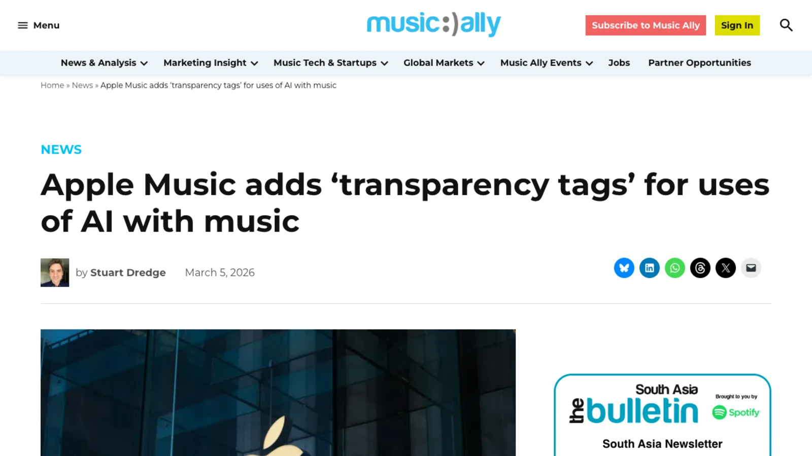 Music Ally news article dated March 5 2026, headlined Apple Music adds transparency tags for uses of AI with music