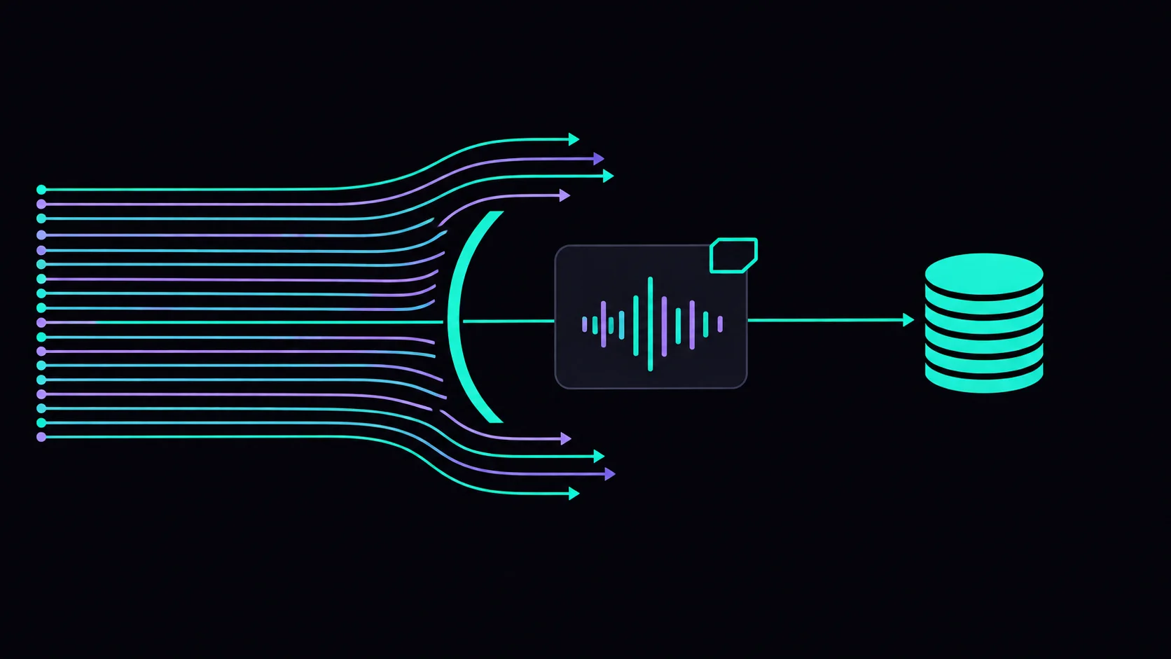 Flat vector illustration on black: many teal and violet streaming lanes flow from the left toward a dark panel holding an audio waveform with a small outlined label badge clipped to its corner, but a curved teal barrier diverts almost every lane away above and below it, leaving one thin lane still reaching the panel, while an untouched teal coin stack sits to the right