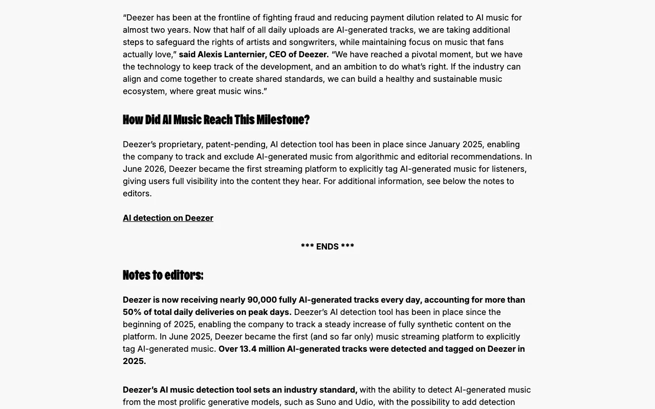 Screenshot of Deezer's July 2026 newsroom release, notes to editors, stating that Deezer is now receiving nearly 90,000 fully AI-generated tracks every day accounting for more than 50% of total daily deliveries on peak days, and that over 13.4 million AI-generated tracks were detected and tagged on Deezer in 2025