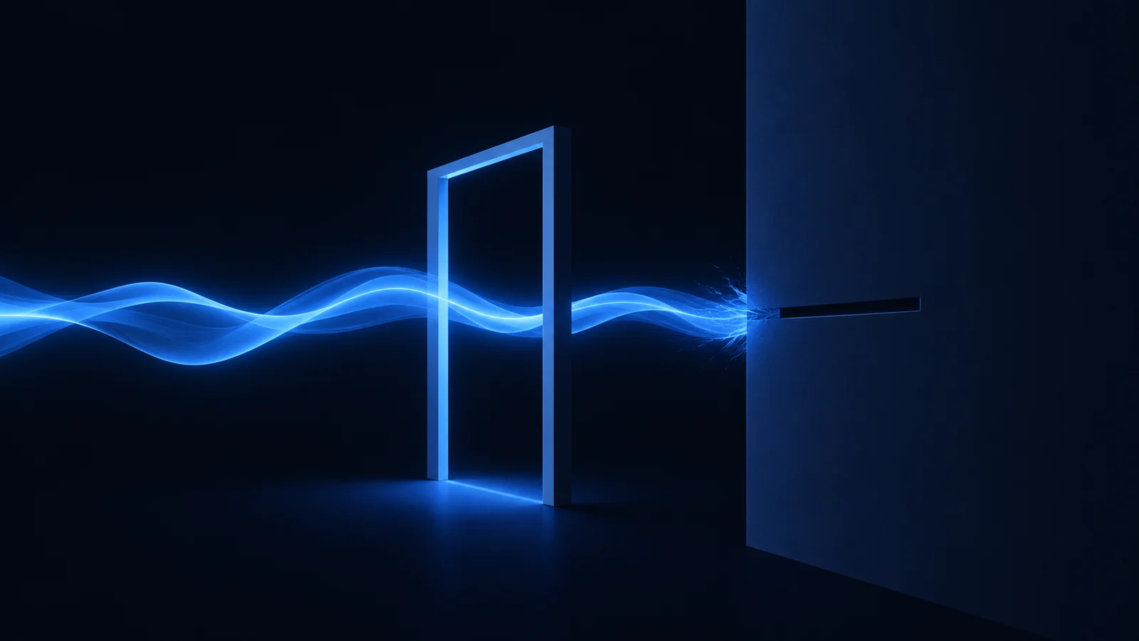 Glowing blue ribbon of sound flowing in from the left, passing cleanly through a tall open doorway with no doors in it, then striking a solid dark wall a short distance beyond and fraying apart against a narrow horizontal slot that is shut