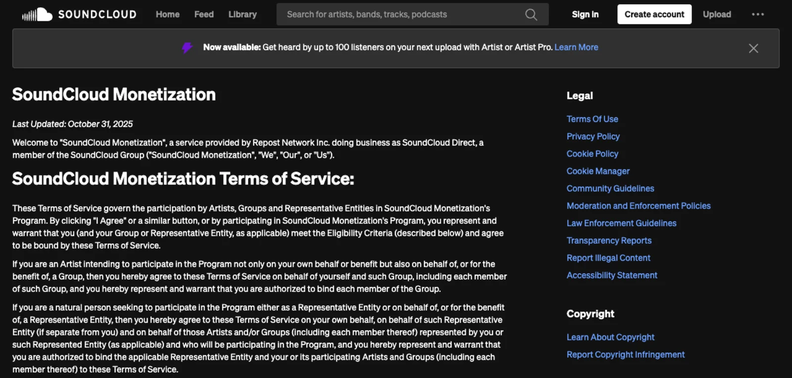 Screenshot of the SoundCloud Monetization page headed SoundCloud Monetization Terms of Service and stamped Last Updated October 31 2025, the document that carries the Material Eligibility exclusion