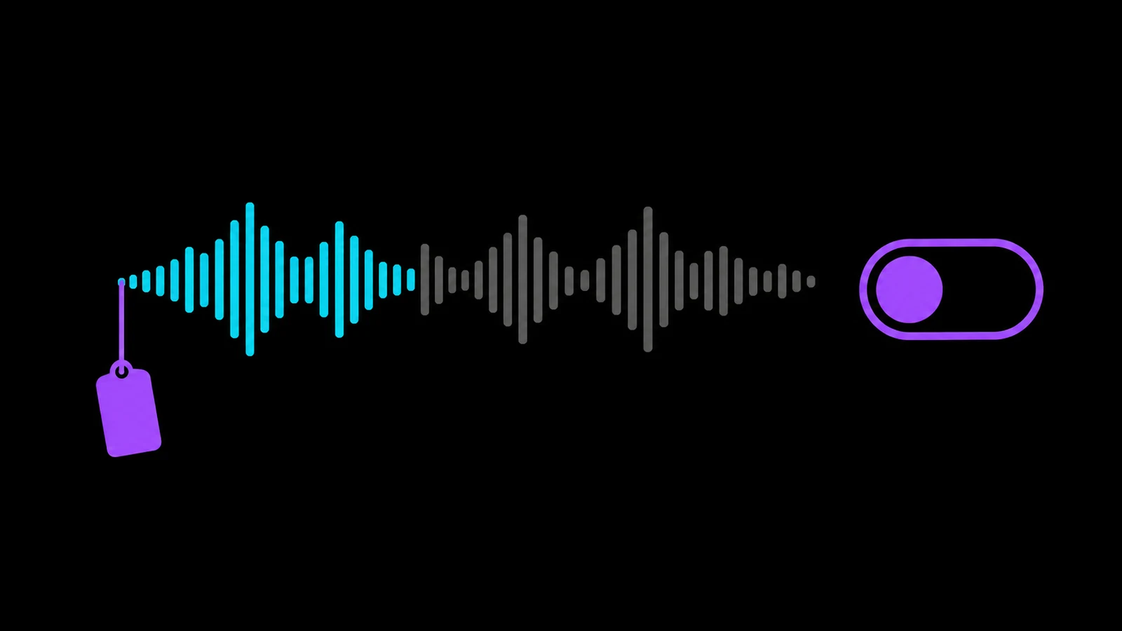 Flat vector illustration on black: a wide audio waveform whose left third is bright cyan and whose remaining two thirds are dimmed to flat grey, with a small blank purple tag hanging from the left end on a thin line and a large purple toggle switch on the right set to the off position