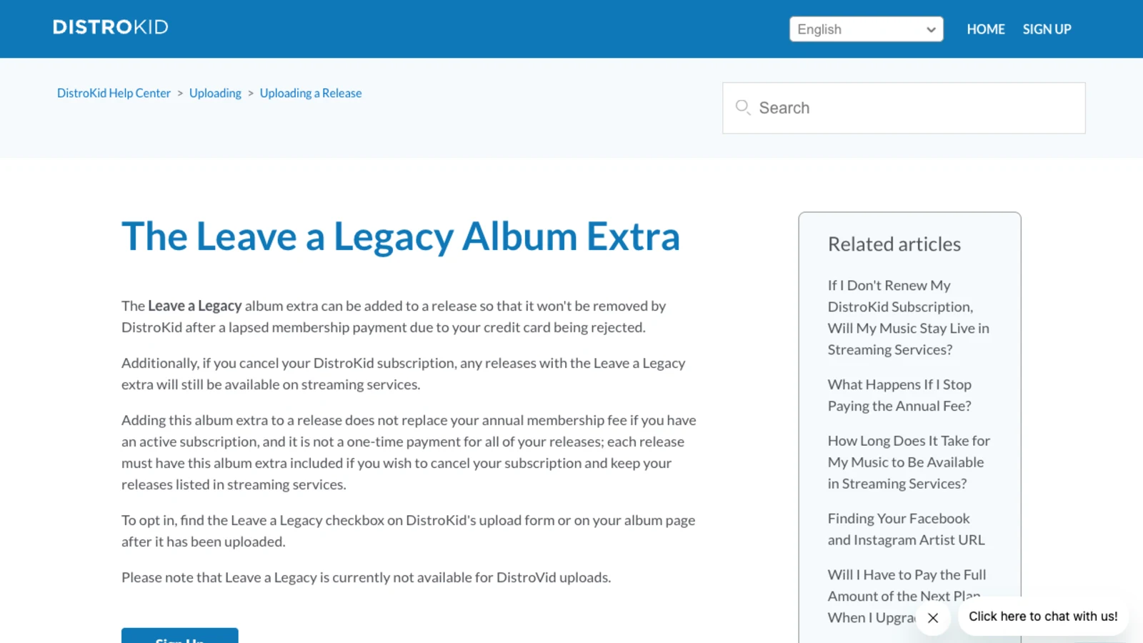 DistroKid help centre page for the Leave a Legacy album extra, the paid option that keeps a release live after a subscription lapses