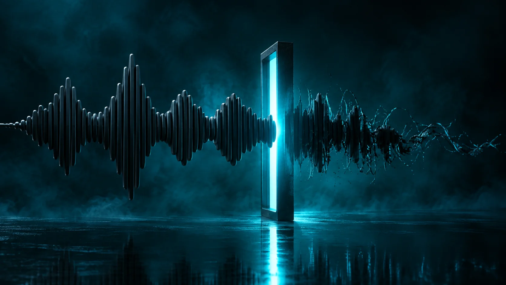 A dark sculpted audio waveform passing through a narrow upright gate lit in bright cyan, emerging frayed and scattered into fragments on the far side