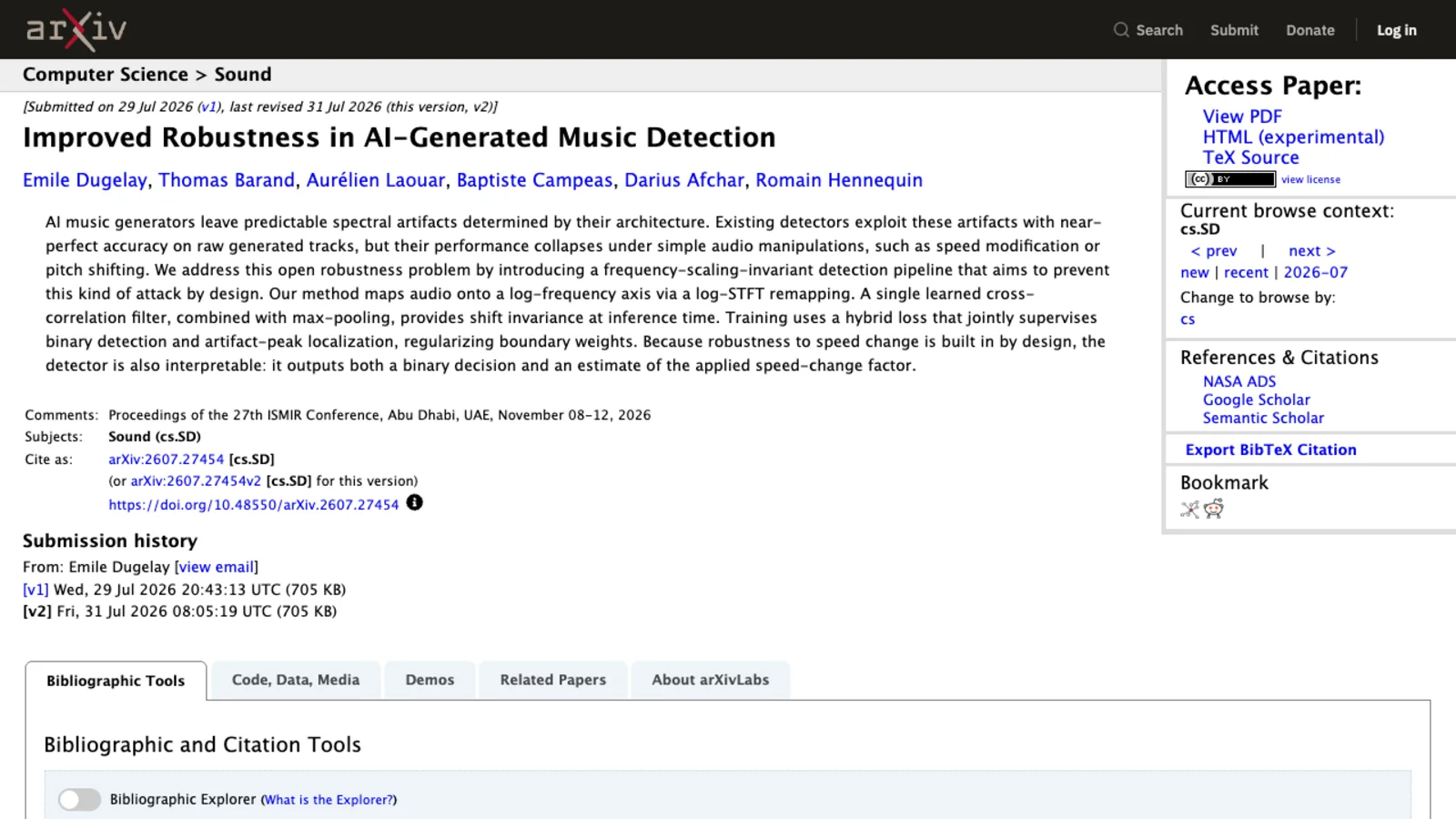 arXiv abstract page for paper 2607.27454, Improved Robustness in AI-Generated Music Detection, stating that existing detectors exploit spectral artifacts with near-perfect accuracy on raw generated tracks but that their performance collapses under simple audio manipulations such as speed modification or pitch shifting