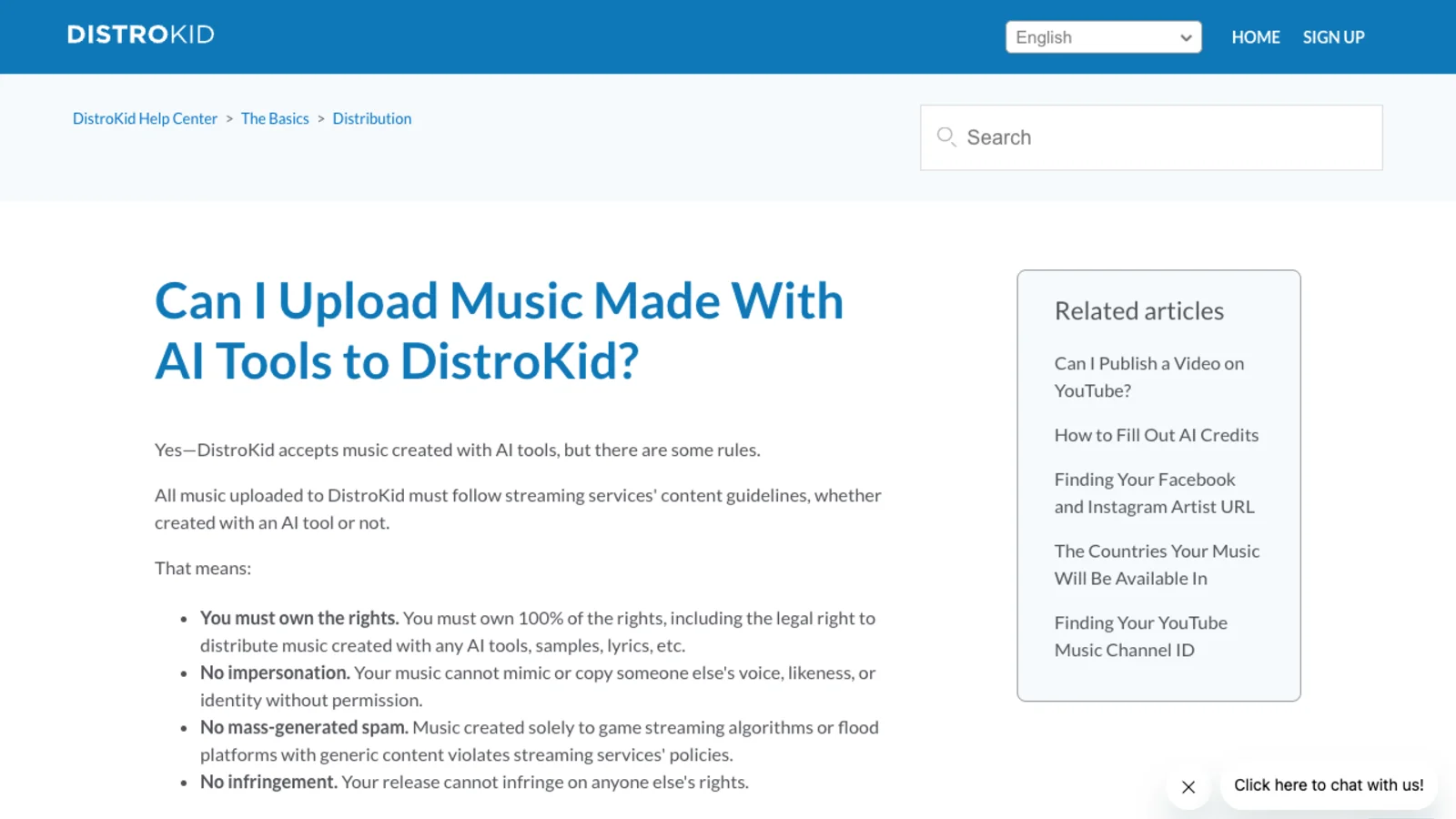 DistroKid Help Center page headed Can I Upload Music Made With AI Tools to DistroKid, answering yes with four rules covering owning 100 percent of the rights, no impersonation, no mass-generated spam and no infringement