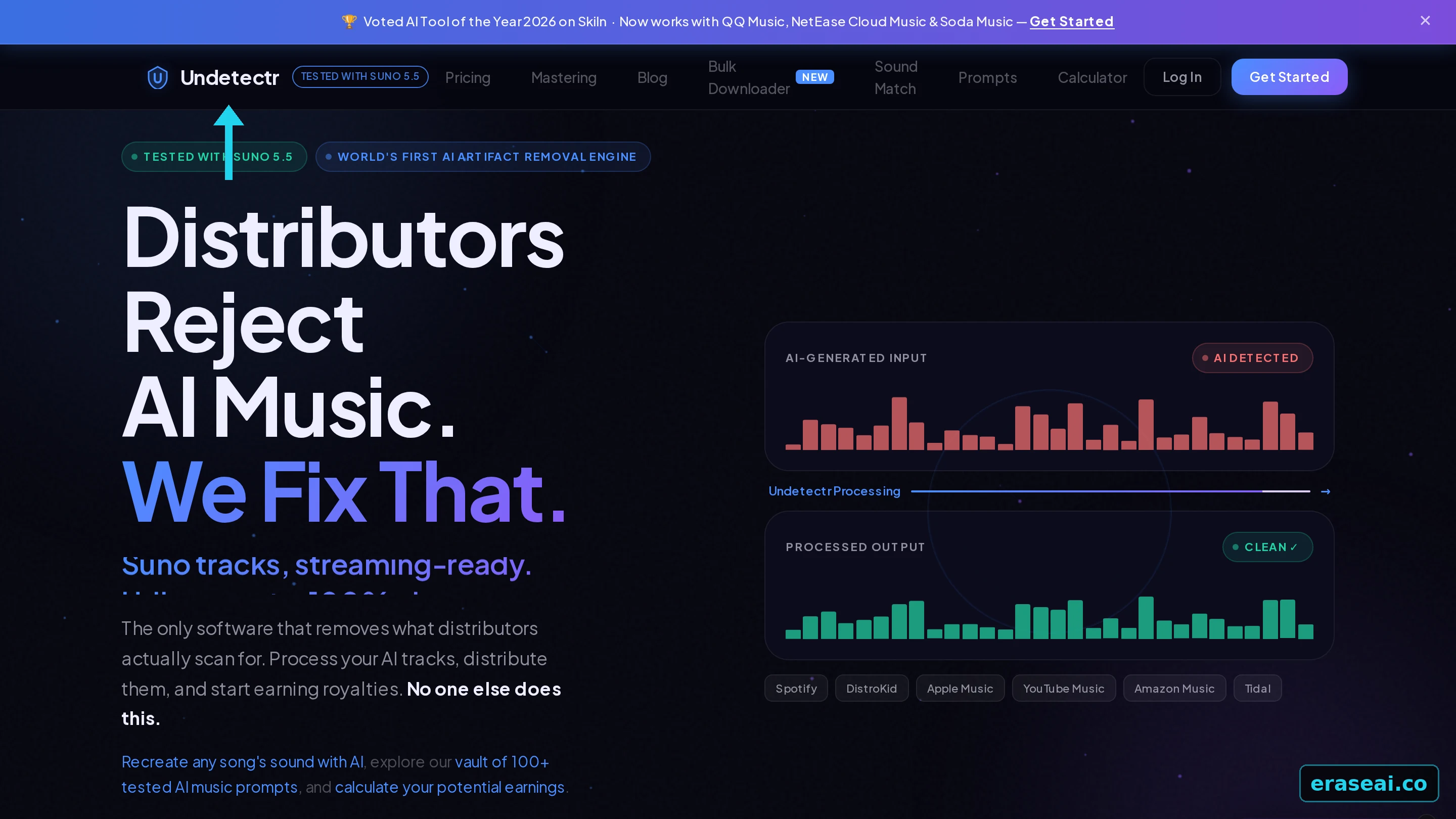 Undetectr homepage showing AI-generated input flagged as AI detected and the processed output marked clean, with Spotify, DistroKid, Apple Music, YouTube Music, Amazon Music and Tidal listed