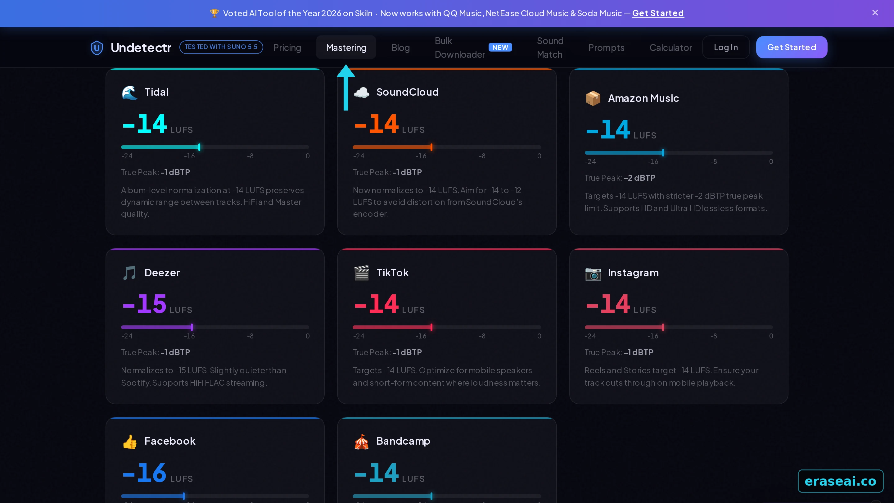 Undetectr mastering page showing per-platform LUFS targets for Tidal, SoundCloud, Amazon Music, Deezer, TikTok and Instagram