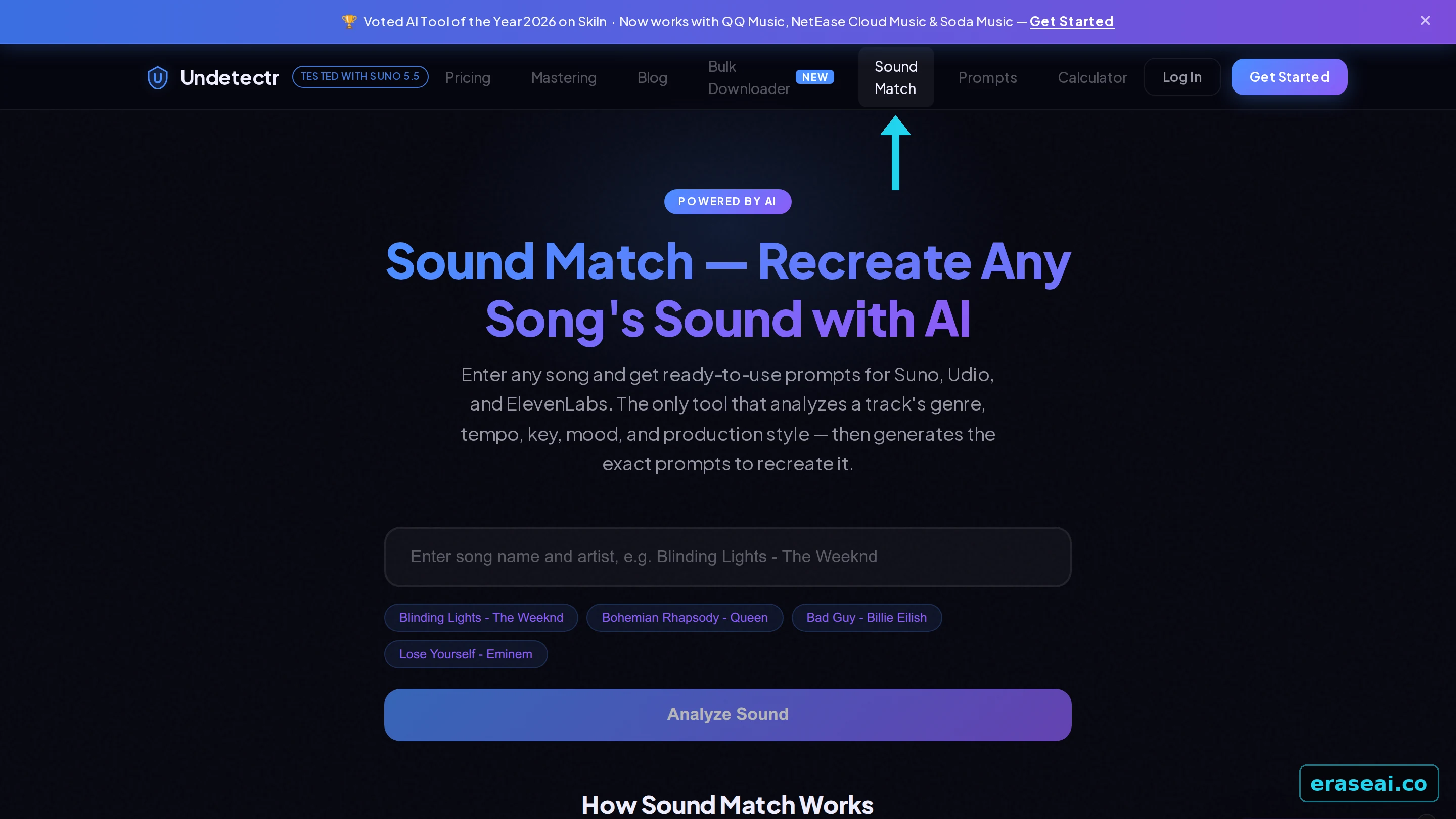 Undetectr Sound Match page which analyses a track's genre, tempo, key and production style