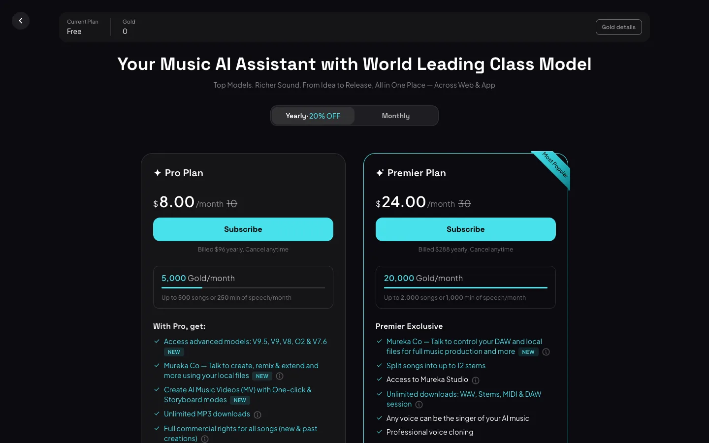 Mureka subscription page on yearly billing: Pro Plan $8.00 a month billed $96 yearly with unlimited MP3 downloads, and Premier Plan $24.00 a month billed $288 yearly listing unlimited downloads of WAV, stems, MIDI and DAW session as Premier exclusive