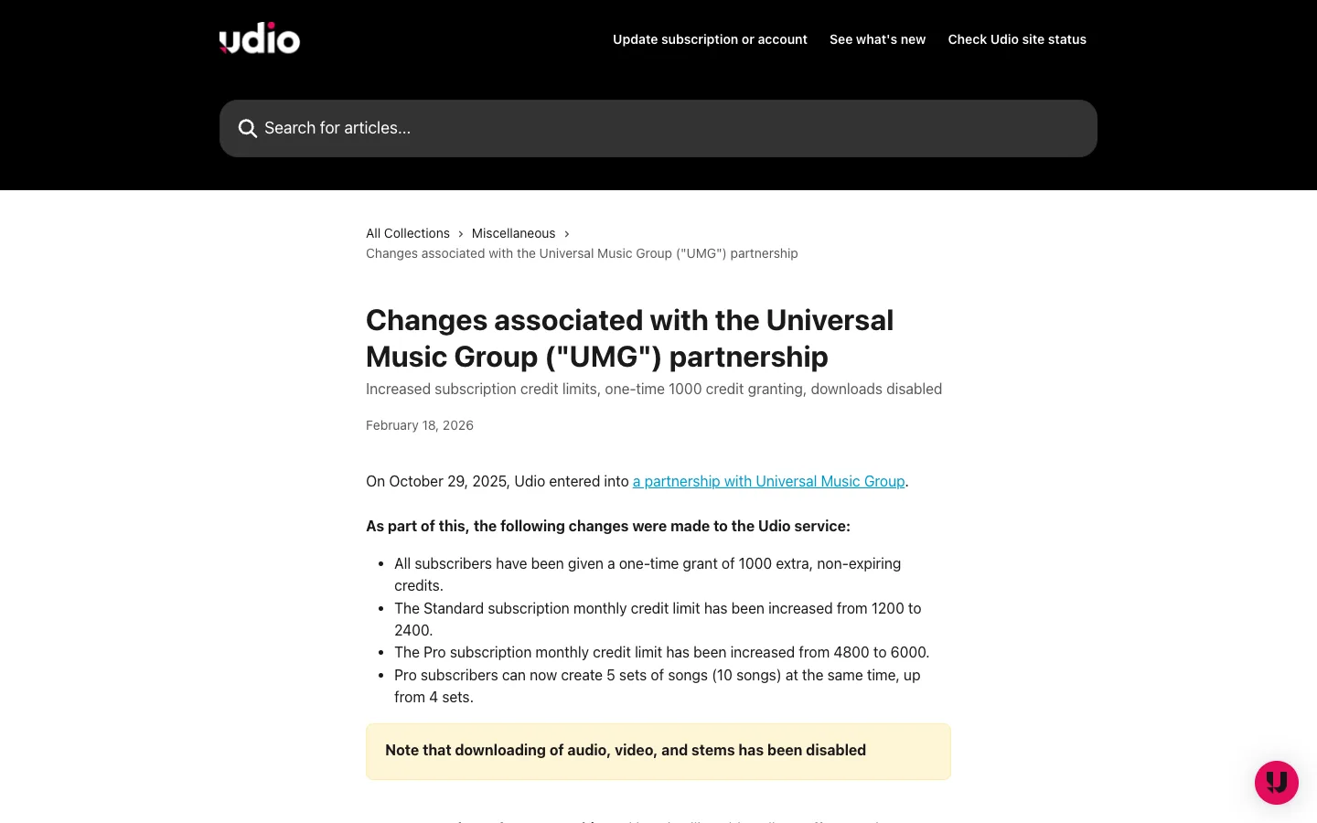 Udio Help Center article titled Changes associated with the Universal Music Group partnership, with a highlighted box reading: Note that downloading of audio, video, and stems has been disabled