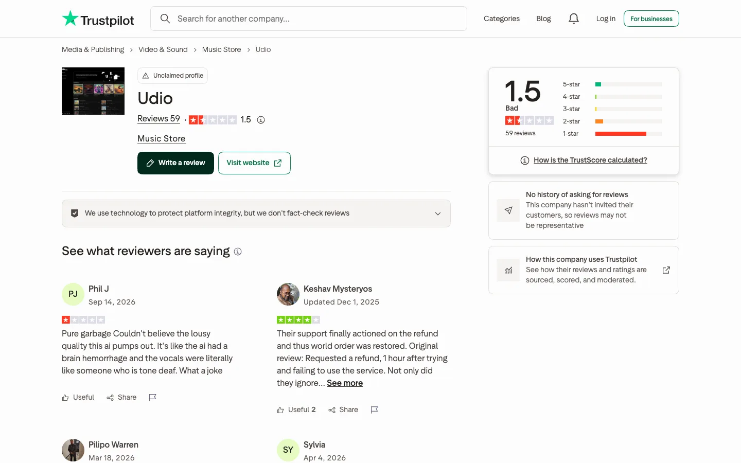 Udio's Trustpilot profile showing a TrustScore of 1.5 from 59 reviews, with the one-star bar dominant and a review dated 14 September 2026 calling the output lousy quality