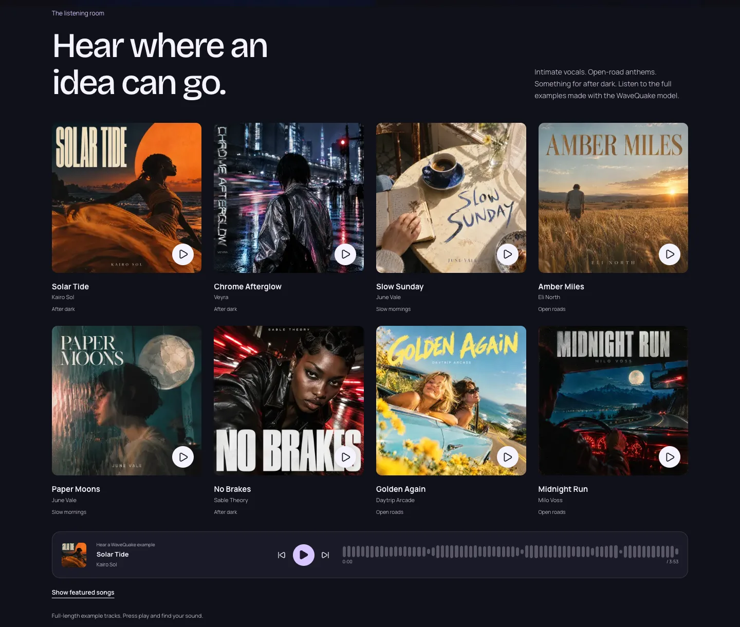 WaveQuake's listening room expanded to all eight songs: Solar Tide, Chrome Afterglow, Slow Sunday, Amber Miles, Paper Moons, No Brakes, Golden Again and Midnight Run, each with cover art and a play button
