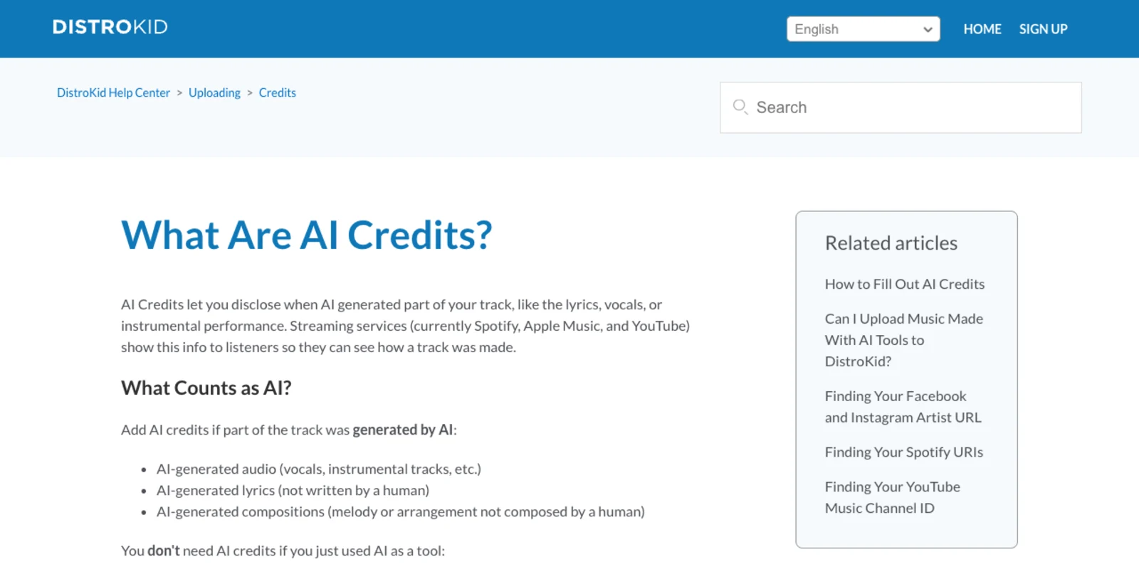 Screenshot of the DistroKid help article What Are AI Credits, listing AI-generated audio, lyrics and compositions as needing credits, and pitch correction, AI-assisted mixing or mastering and AI-assisted workflows as not