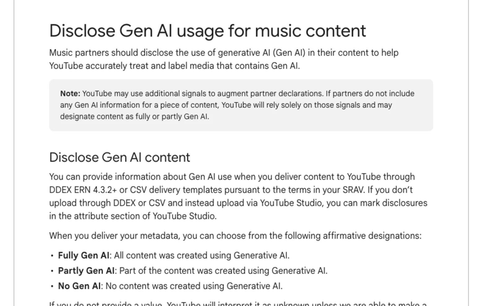 Screenshot of the YouTube Help article Disclose Gen AI usage for music content, showing DDEX ERN 4.3.2 plus or CSV delivery and the designations Fully Gen AI, Partly Gen AI and No Gen AI