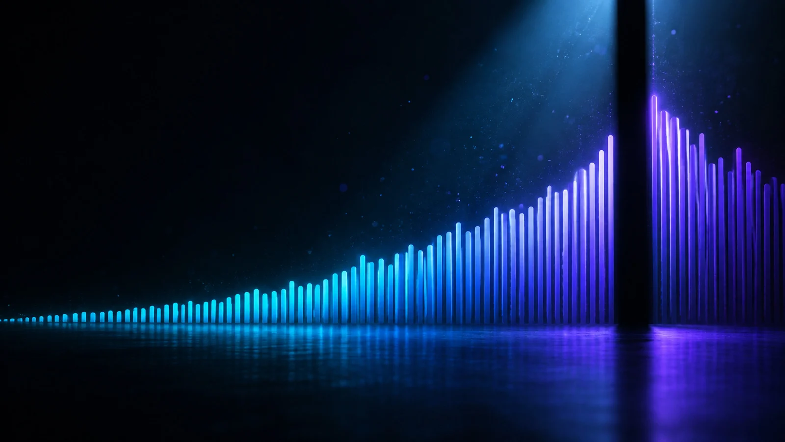 Abstract illustration of a smoothly rising ridge of cyan audio-waveform bars climbing from left to right across a near-black field and cut by a single clean vertical band of shadow near its peak, with violet light and dust motes behind it