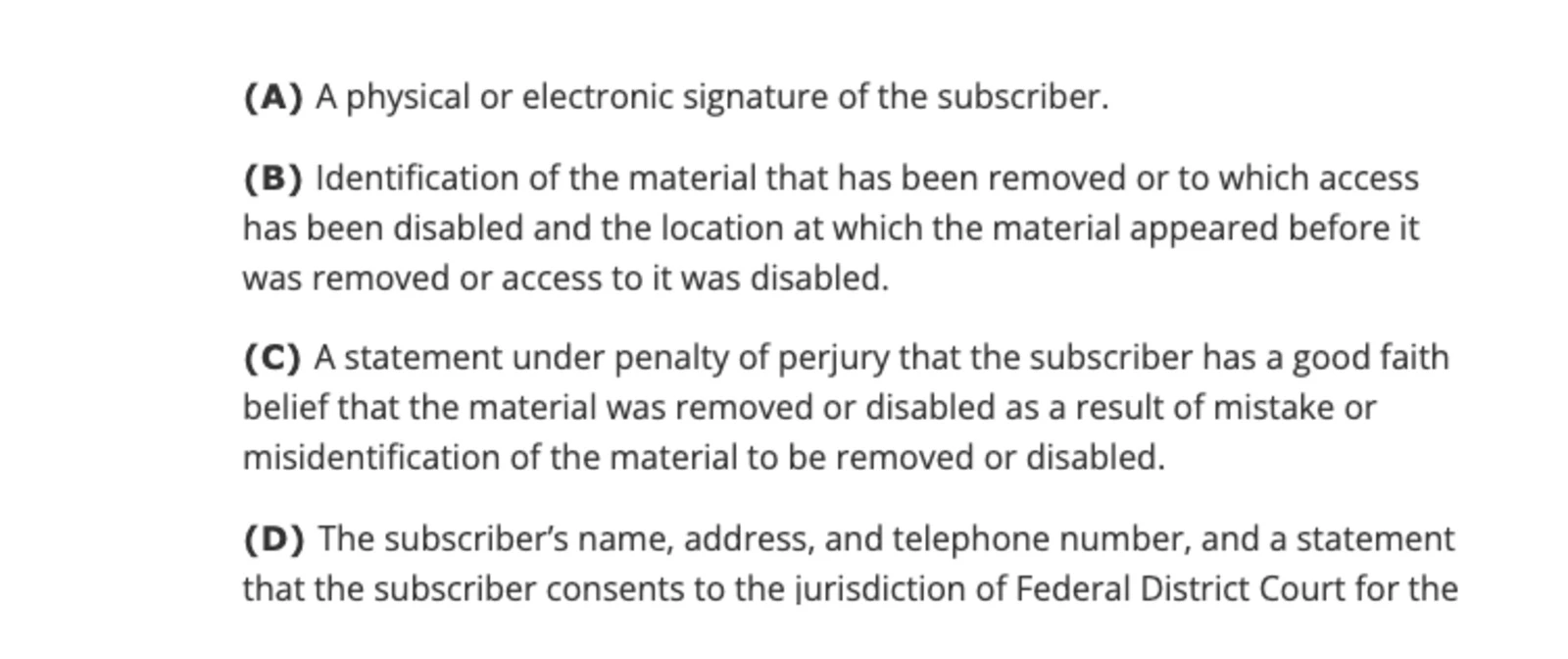 Screenshot of 17 U.S. Code section 512(g)(3) on the Cornell Legal Information Institute site listing what a counter notification must include, with subparagraph C reading: a statement under penalty of perjury that the subscriber has a good faith belief that the material was removed or disabled as a result of mistake or misidentification of the material to be removed or disabled