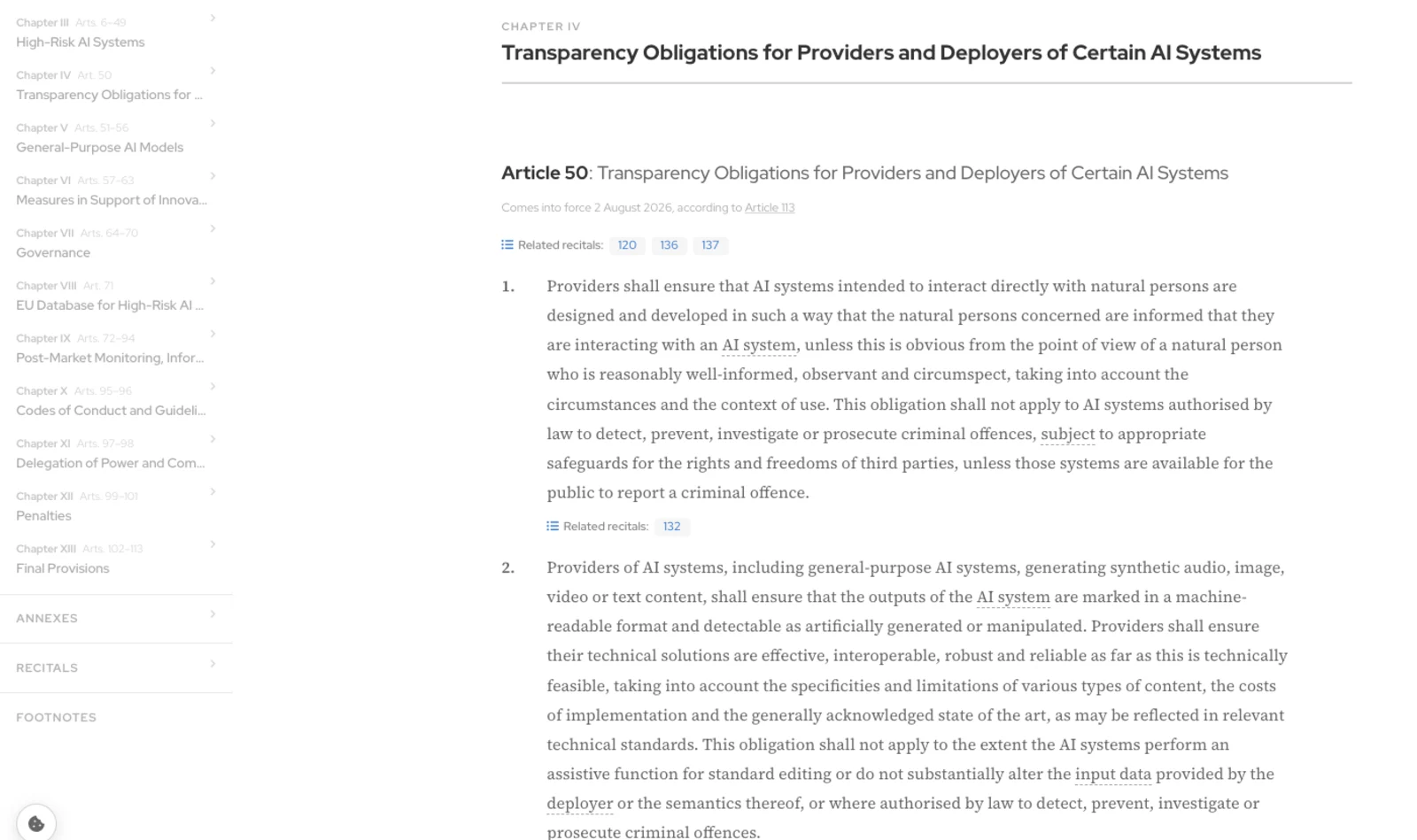 Screenshot of the Article 50 text on artificialintelligenceact.eu, headed Chapter IV Transparency Obligations for Providers and Deployers of Certain AI Systems and noting it comes into force 2 August 2026 according to Article 113, with paragraph 2 reading that providers of AI systems, including general-purpose AI systems, generating synthetic audio, image, video or text content shall ensure that the outputs of the AI system are marked in a machine-readable format and detectable as artificially generated or manipulated