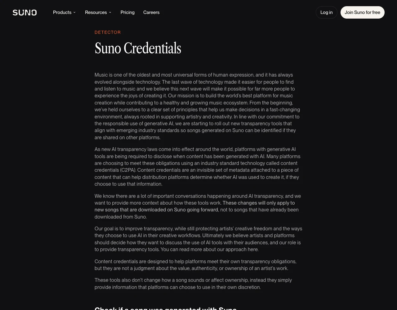 Screenshot of Suno's own Suno Credentials page, which states that platforms are meeting new AI transparency obligations using industry standard technology called content credentials (C2PA), an invisible set of metadata attached to a piece of content, and that these changes will only apply to new songs that are downloaded on Suno going forward, not to songs that have already been downloaded from Suno