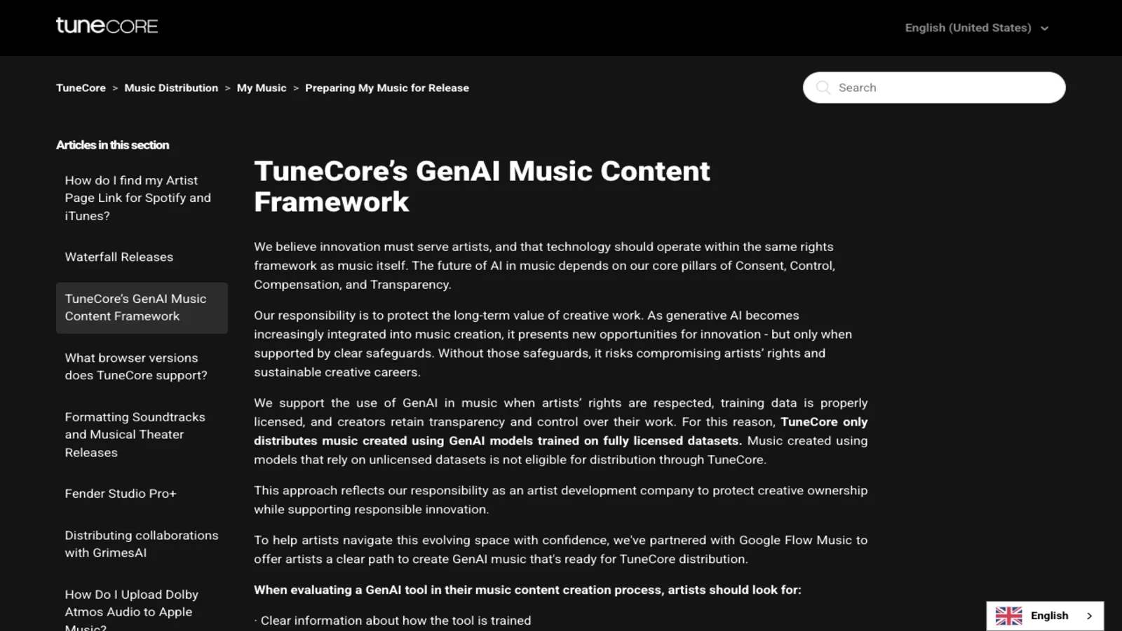 TuneCore's GenAI Music Content Framework page stating that TuneCore only distributes music created using GenAI models trained on fully licensed datasets, that music from models relying on unlicensed datasets is not eligible for distribution, and naming its Google Flow Music partnership