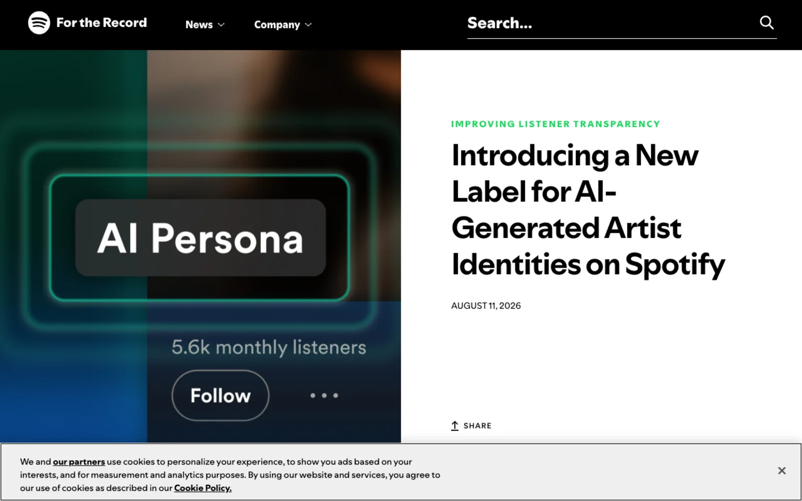 Spotify For the Record newsroom post dated August 11, 2026 headed Introducing a New Label for AI-Generated Artist Identities on Spotify, showing an AI Persona chip rendered on an artist profile above a follower count and Follow button