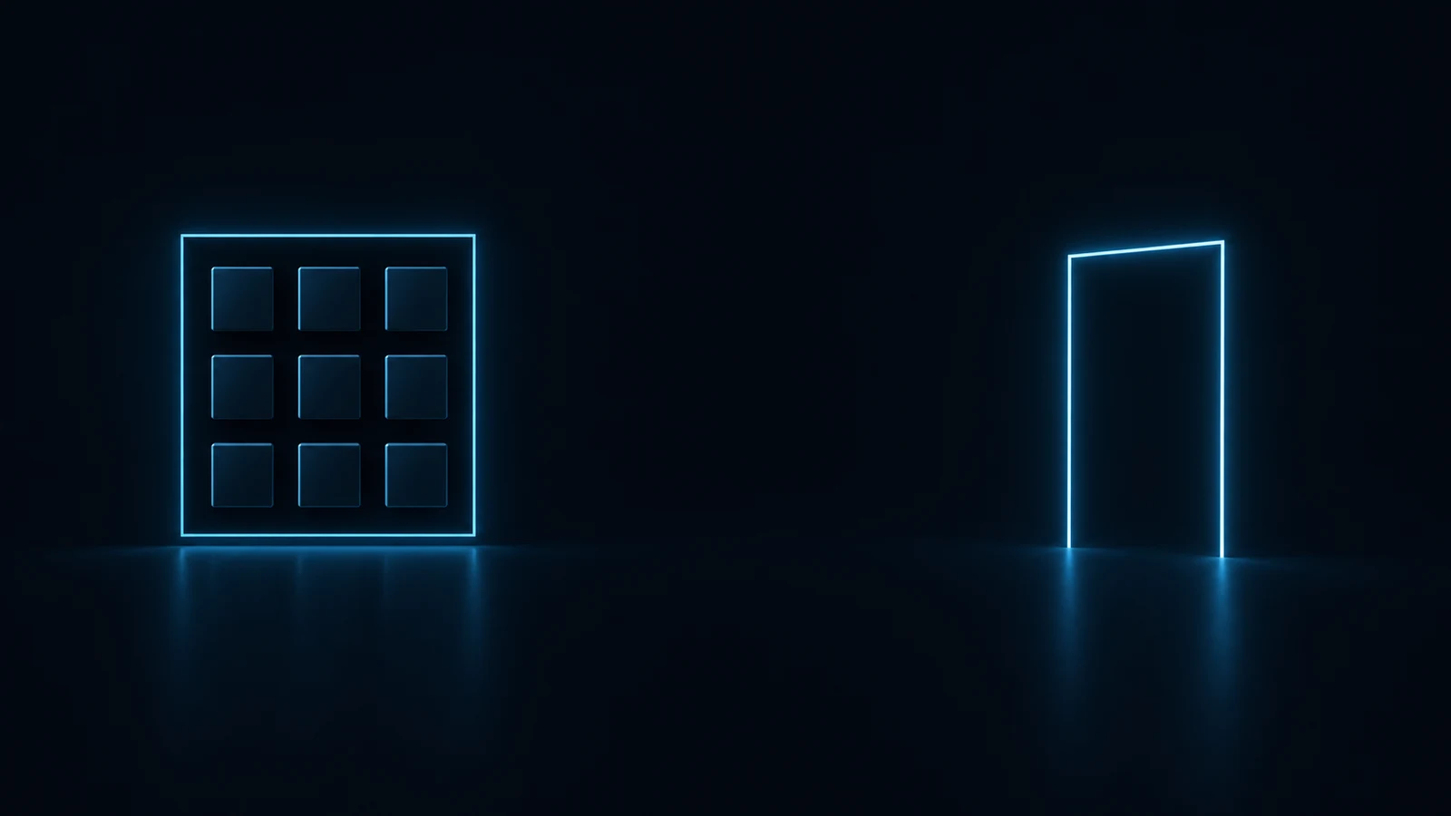 Minimal dark render with a cyan glow: nine identical small dark square tiles in a 3 by 3 grid enclosed by a thin glowing cyan outlined rectangle on the left, and a separate thin glowing cyan outlined doorway standing alone on the right with a wide empty gap and nothing connecting them