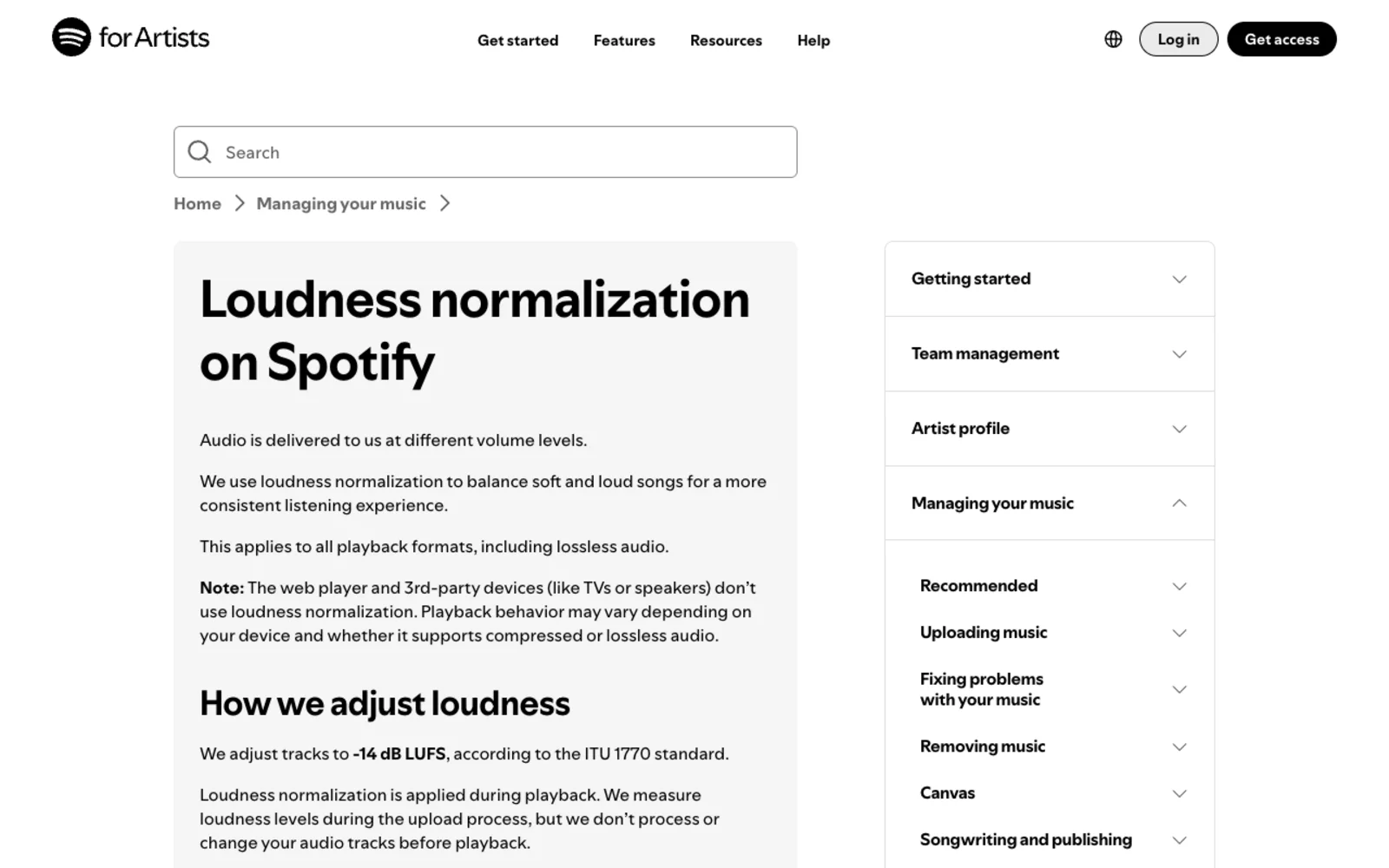 Screenshot of Spotify for Artists' Loudness normalization page, under the heading How we adjust loudness, reading: we adjust tracks to minus 14 dB LUFS, according to the ITU 1770 standard, above a note that loudness normalization is applied during playback