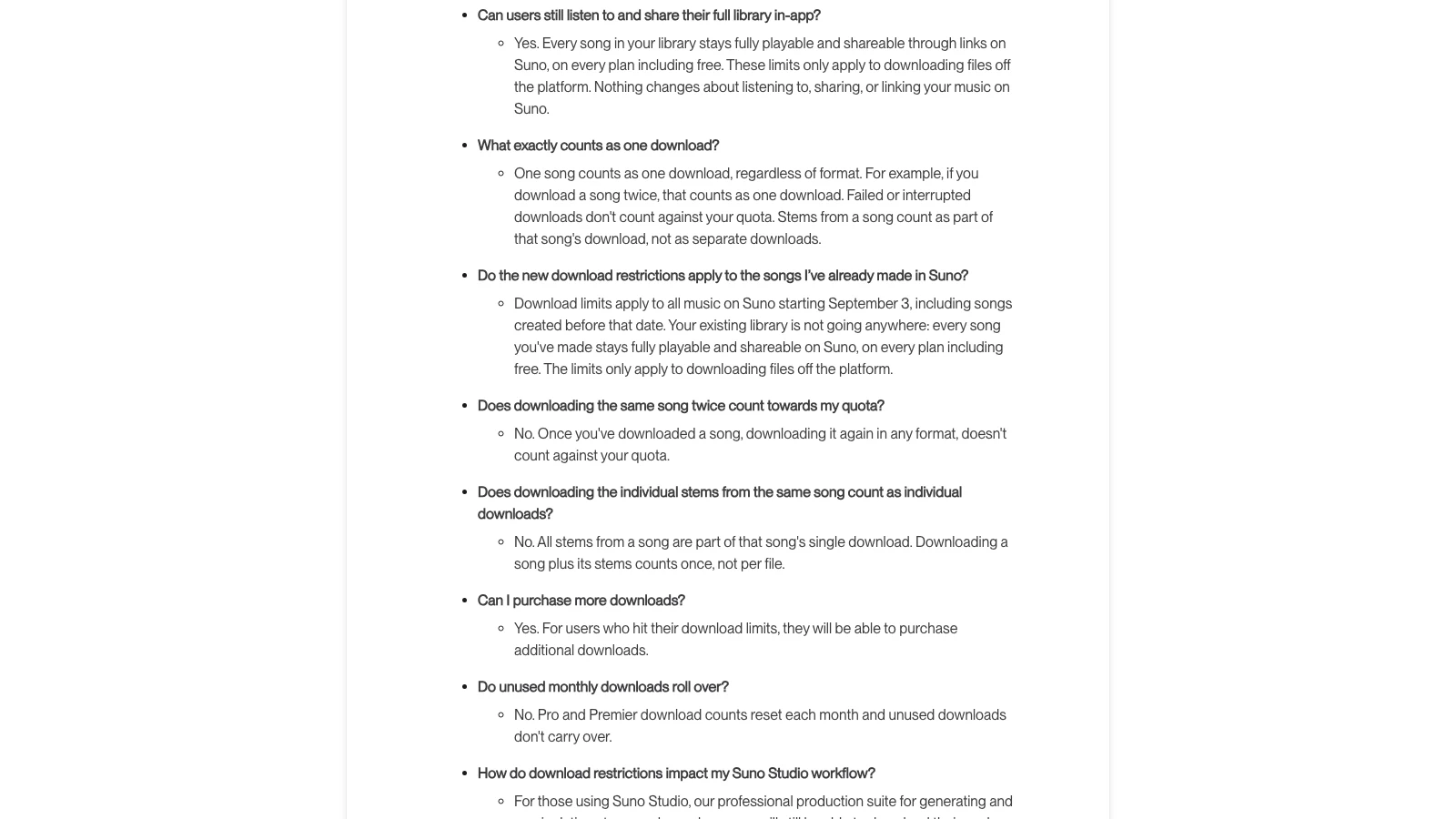 Screenshot of Suno's download-limits help article answering what counts as one download, stating that all stems from a song are part of that song's single download and that downloading a song plus its stems counts once not per file, alongside the answer that download limits apply to all music on Suno starting September 3 including songs created before that date