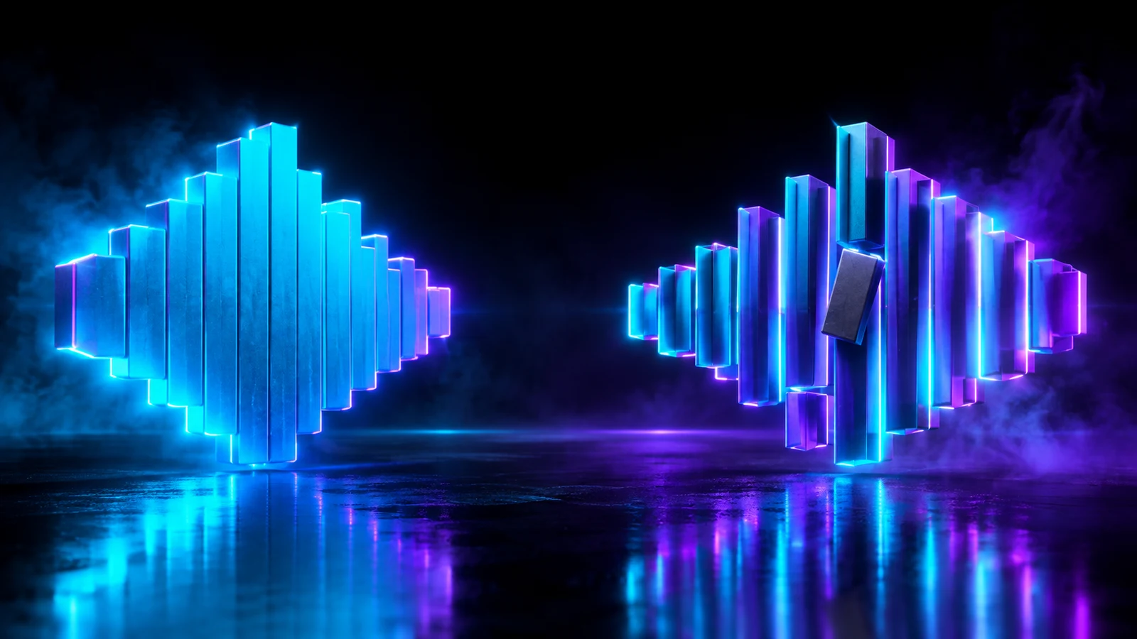 A whole cyan waveform block on the left faces the same shape rebuilt from separate floating violet and cyan slabs on the right, one slab dark and visibly out of place