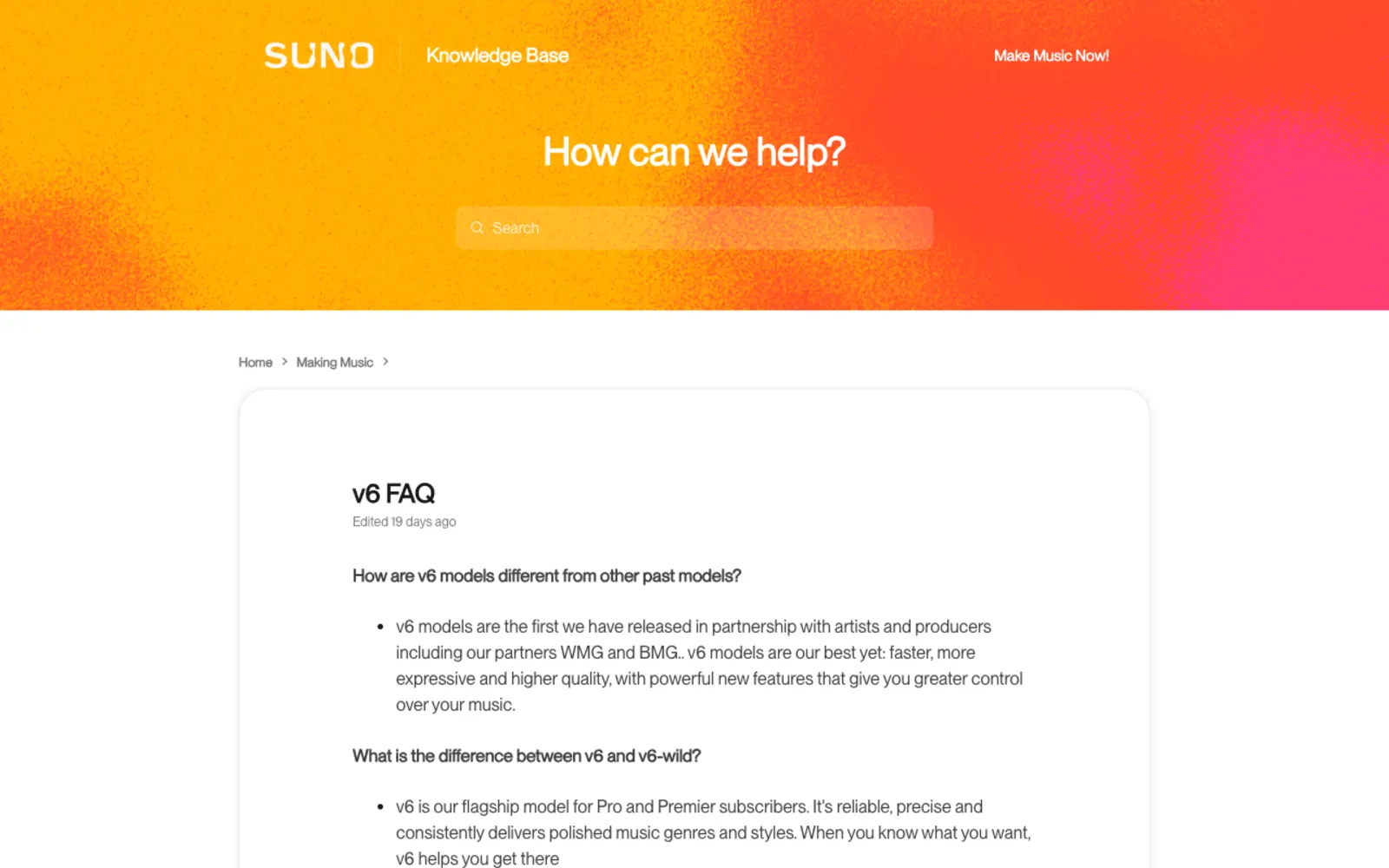 Screenshot of the Suno help centre page titled v6 FAQ, edited 19 days ago, showing the opening questions on how v6 models differ from past models and the difference between v6 and v6-wild