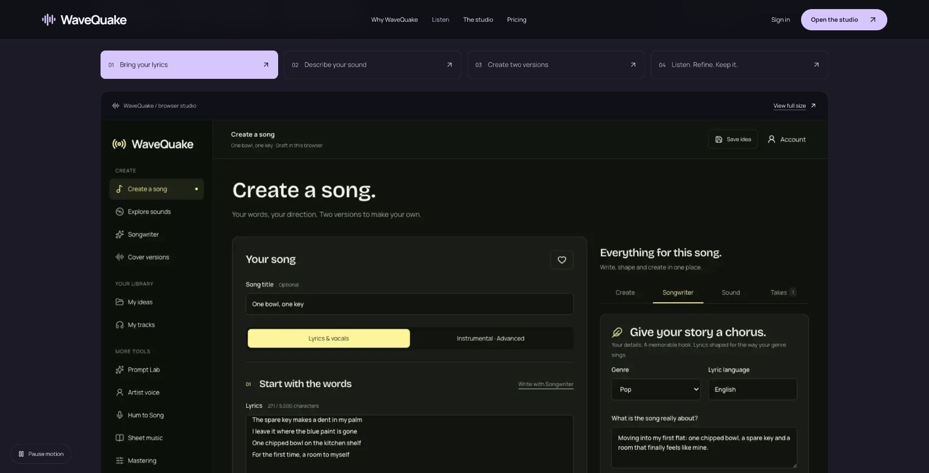 WaveQuake studio tour showing a sample writing and generation workspace